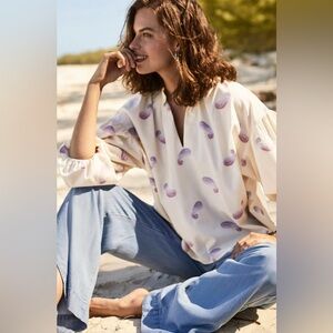 J JILL Oversized Split-neck Top In Barley Multi Puff Sleeves Cotton Sz XS NWT